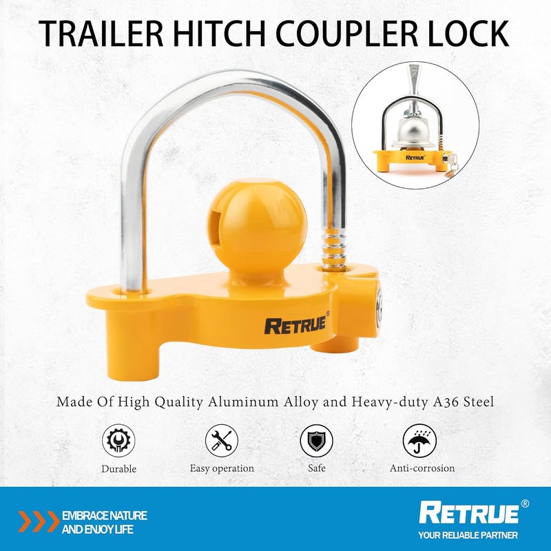RETRUE Universal Coupler Lock Trailer Locks Ball Hitch Trailer Hitch Lock Adjustable Security Heavy-Duty Steel Fits 1-7/8 Inch, 2 Inch, 2-5/16 Inch Couplers Yellow - Image 4